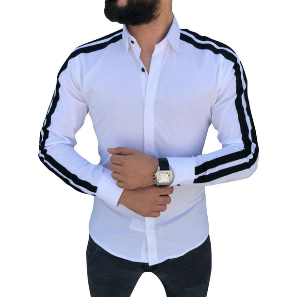 Domple Mens Long Sleeve All Lapel Stripe Club Button Down Shirts Tops 